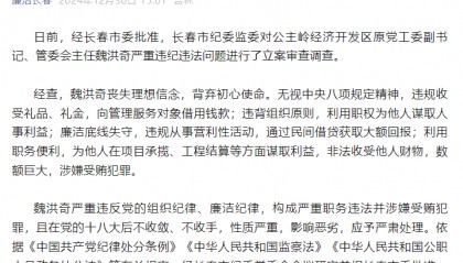 长春市公主岭经济开发区原党工委副书记、管委会主任魏洪奇严重违纪违法被“双开”