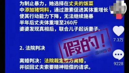 女子为报复家暴丈夫长期给他喂猪饲料体重增至260斤，最终被判无罪？官方辟谣：一眼假