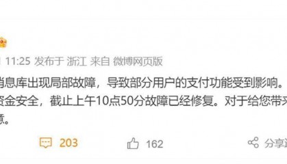 支付宝回应服务异常：已修复，不影响资金安全