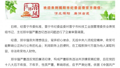 广东省普宁市科技工业园管理委员会原党组书记、主任郑华强严重违纪违法被“双开”